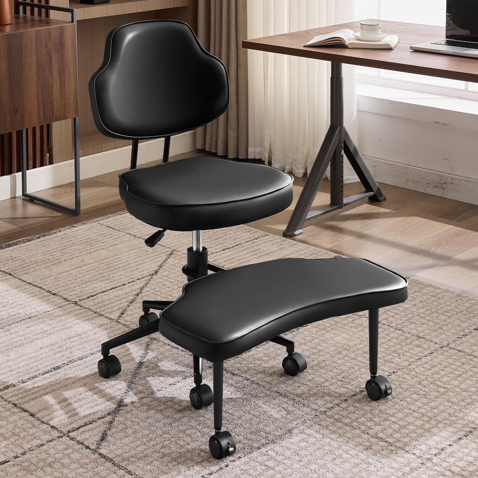 Photo 1 of **reference image**Ergonomic Cross Legged Office Chair with Lumbar Support & 360° Swivel Footrest for Meditation, Yoga, Home Office Work Criss Cross Desk Chair with Wheels, Adjustable Height for ADHD Desk