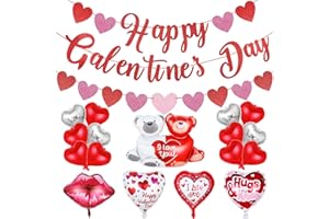 TEEPOLLY Red Happy Galentines Day Banner and Galentines Heart Garland Valentines Day Foil Balloons Galentines Banner Decorations for Happy Galentine’s Day Party Decorations