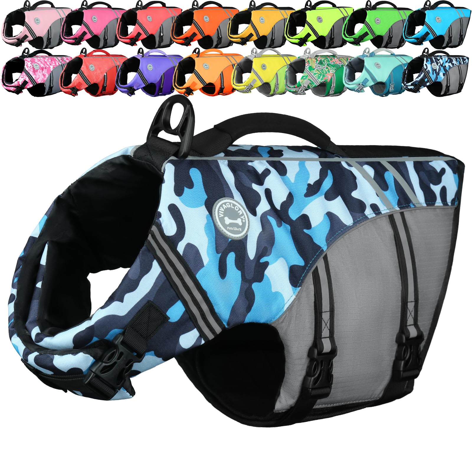 VIVAGLORY Sports Style Dog Life Jacket, Dog Buoyancy Jacket for Swimming & Boating, Ripstop & Buoyancy for Doggy, Life Vest with Handle, M, Camo Blue