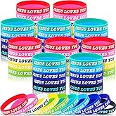 Zubebe 100 Pcs Jesus Loves You Silicone Wristbands Rubber Bracelets Colorful Jesus Loves You Bracelet Christian Rubber Wristbands Inspirational for Teens Adult Women Men Party Novelty(Mixed Colors)