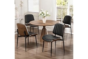 REONEY Dining Chairs Set of 4, Mid-Century Modern Upholstered PU Leather Chairs with Walnut Bentwood Back and Metal Legs Adjustable Feet for Kitchen Dining Living Room, Dark Black Vertical Stripes
