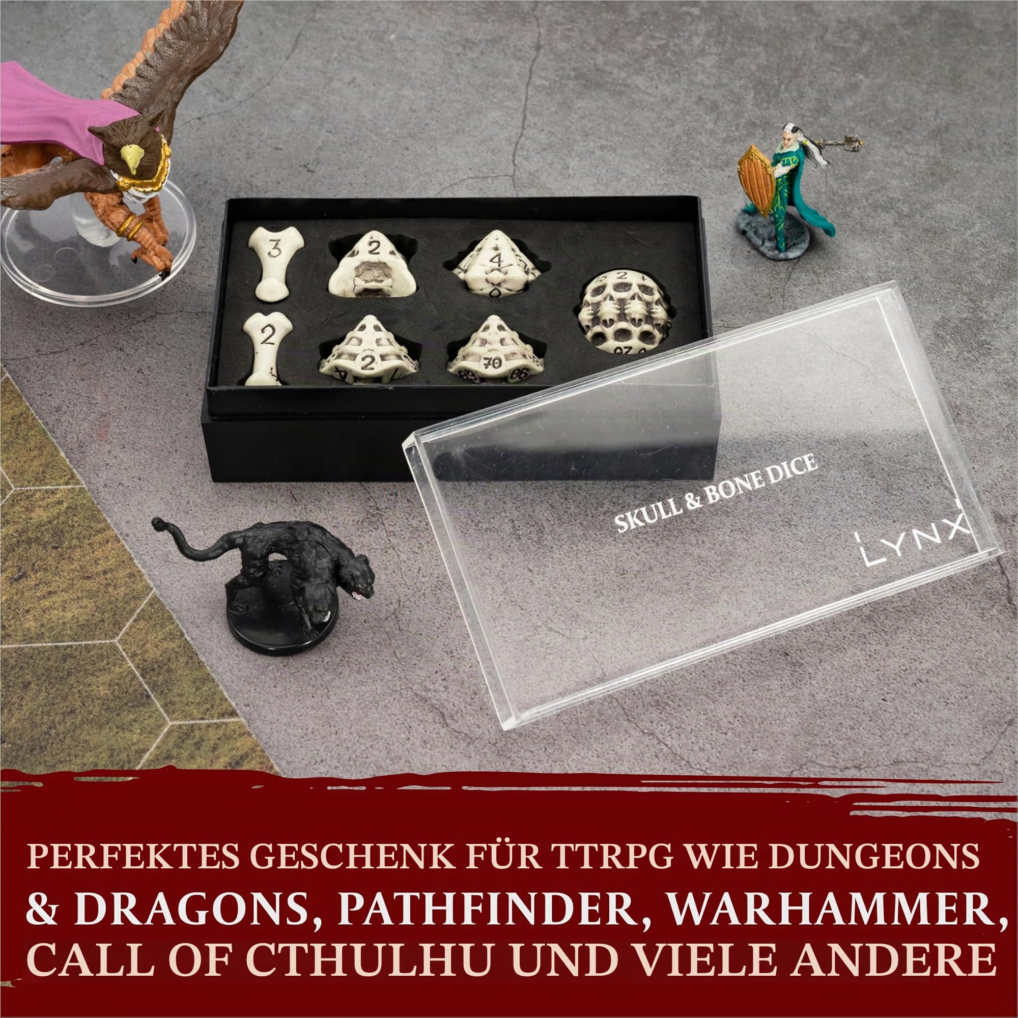 DND Würfel Set - Dice Set mit 7 Skull & Bone/Schädel & Knochen D&D Würfel - D20, D12,%D10, D10, D8, D6 & D4 Seitig für Dungeons & Dragons (D&D), Warhammer, Pathfinder, Pen and Paper Geschenk. (Weiß) 3
