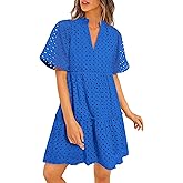 PRETTYGARDEN Eyelet Dresses for Women 2026 Summer Short Sleeve V Neck Hollow Out Ruffle A Line Boho Beach Vacation Mini Dress