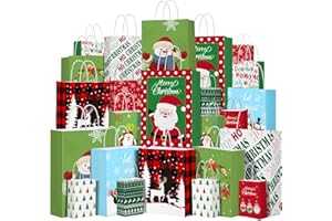 MOORAY 24 PackWhite Kraft Christmas Gift Bags Bulk with handles and Christmas Gift Tags-Assorted Sizes Set for Wrapping Xmas Holiday Presents (6 Extra Large,6 Large,6 Medium,6 Small)