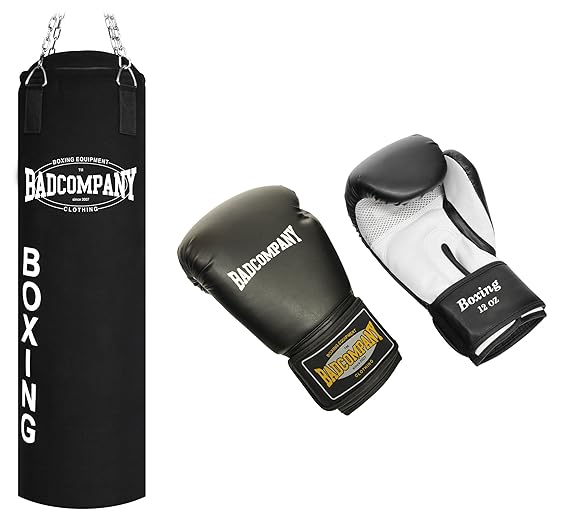 Bad Company Box-Set I Canvas Boxsack, gefüllt inkl. Heavy Duty Deckenbefestigung + Boxhandschuhe White Tiger I 100 x 30 cm I 