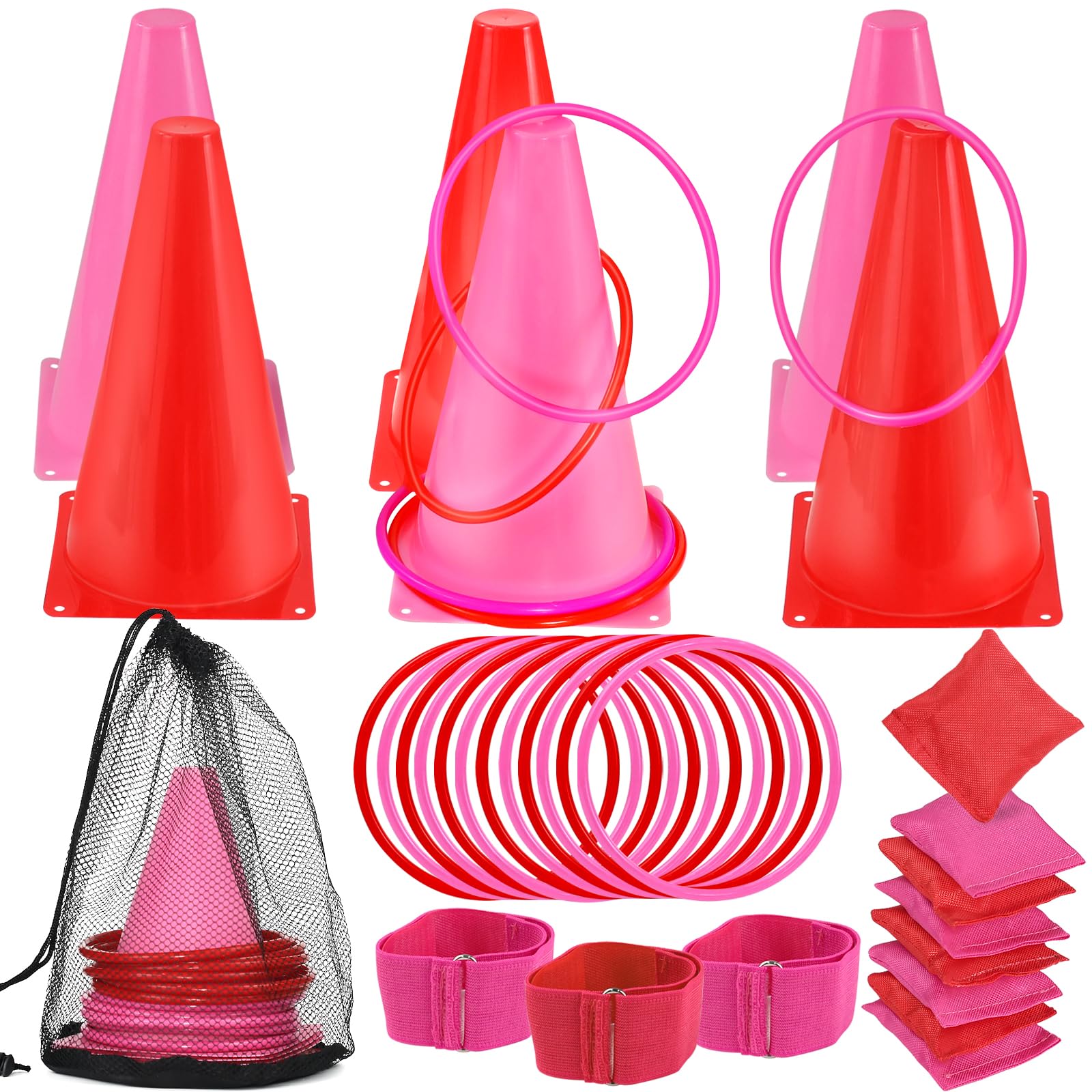 Photo 1 of 33Pcs Large 4 in 1 Valentines Day Games for Kids with Ring Toss, Plastic Cones, Bean Bags, 3-Legged Race Bands, Carnival Valentine's Games Activity Combo Set for Classroom Indoor Outdoor Party Yard