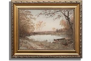 KBKBART Vintage Framed Wall Art for Living Room, French Country Decor Retro Rivers Muted Autumn Pond Landscape Oil Painting, Neutral Farmhouse Decor, Gold Framed Canvas Print Artwork Nature Vintage Wall Art, 9"x12"