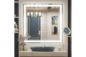 Keonjinn 36 x 36 in LED Mirror, Square Bathroom Mirror with Lights, Adjustable 3 Color Temperature, Front Lighted Vanity Mirror, Anti-Fog Dimmable LED Smart Mirror UL Listed LED Driver Tempered Glass