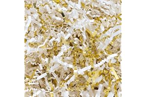 Wowxyz 1 LB Crinkle Cut Paper Shred White & Gold Crinkle Paper Shredded Paper for Gift Baskets - Gift Box Filler - Confetti Paper Shreds Stuffing for Christmas, Holiday Gift Packaging Wrapping
