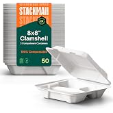 100% Compostable White 3-Compartment Clamshell Containers - 8x8 [50-Pack] | Disposable To Go Meal Prep Food Containers, Secure Snap Hinged Lid, Microwave Safe Take Out Lunch Boxes, By Stack Man