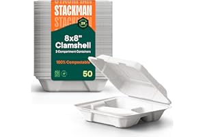 STACK MAN Eco-Friendly Meal Prep Containers 3 Compartment [50-Pack 8x8x3"] Disposable to go Clamshell Food Containers Secure Snap Hinged Lid, Microwave Safe Take Out Lunch Boxes, Made from Renewable Materials
