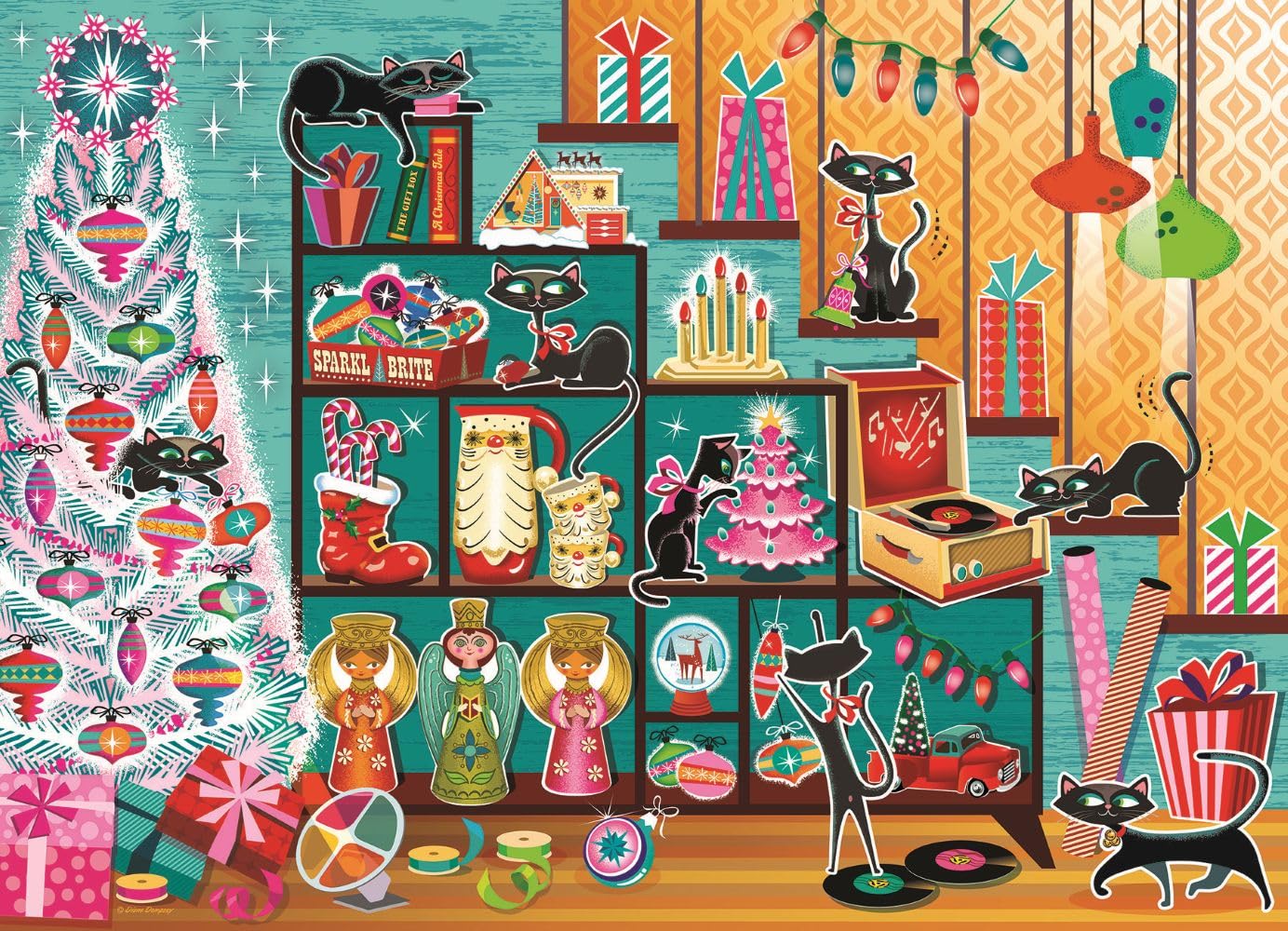 Cobble Hill 1000 Piece Puzzle Christmas Cats-Sample Poster Included, Red