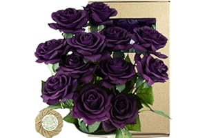 FiveSeasonStuff Fake Roses Wedding Flowers Real Touch Silk Enchanting Rose Mix Artificial Flowers (Mysterious Purple) 12 Stem