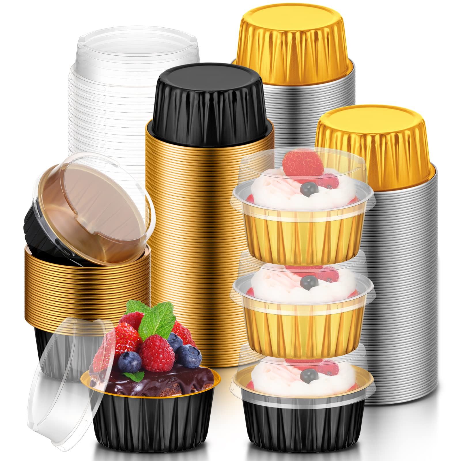 Photo 1 of 120 Pcs Aluminum Foil Baking Cups Mini Cake Pans with Lids 5 oz Cupcake Liners Disposable Muffin Tins Wrappers Baking Foil Ramekins Pans Aluminum Cupcake Cups for Birthday Party(Black, Gold)