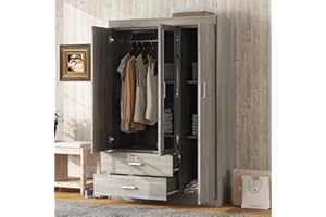 LZ LEISURE ZONE 3 Doors Wardrobe Closet with Mirror Door, Freestanding Wardrobe Armoire Closet with Drawers, Shelves and Hanging Rod, Bedroom Armoires Wardrobe Cabinet Clothes Organizer, Gray