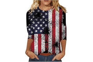 LPIGOH 4th of July Shirts Women, 3/4 Sleeve Tops Crew Neck Independence Day Shirts, Patriotic Tunic Tops to Wear with Leggings