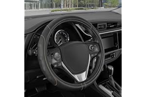 Motor Trend GripDrive Synthetic Leather Auto Car Steering Wheel Cover Black w/ Beige Accent Stitching Comfort Grip - Standard 15 inch