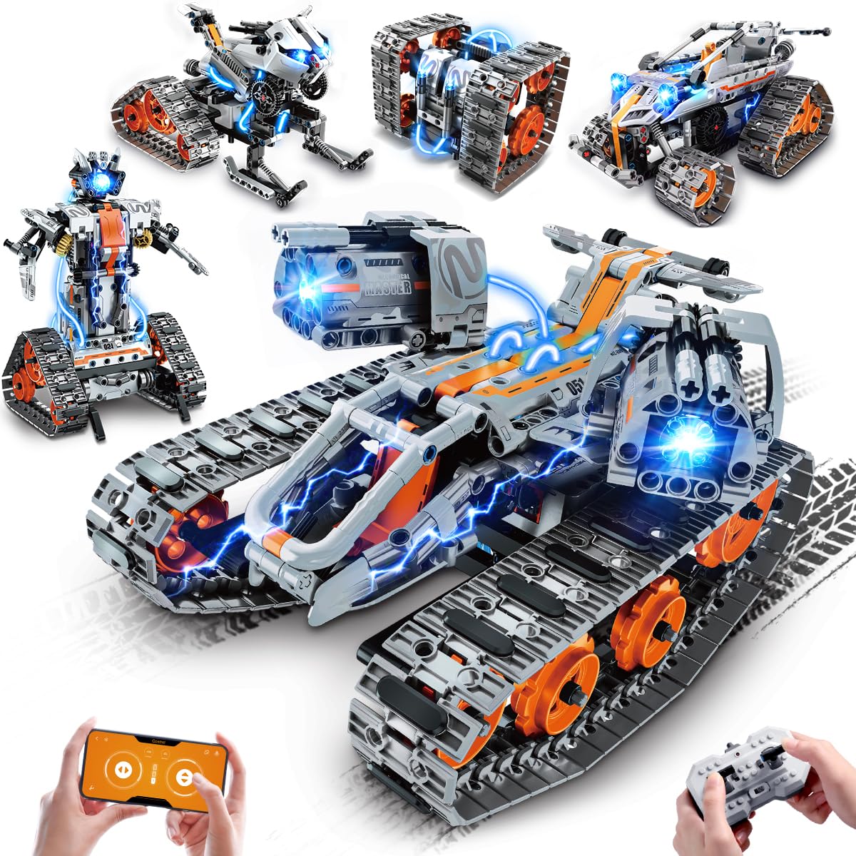 PLAXSOON Technik Bauspielzeug mit LED Lichtern, 5-in-1 App- & Fernsteuerung Panzer Roboter Klemmbausteine, 604 Teile RC Technic Baukasten, STEM Lernspielzeug Geschenk für Kinder Jungen ab 8-12 Jahre