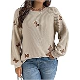 BEAUDRM Women's Plus Size Butterfly Sweater Embroidery Long Sleeve Pullover Sweater Crew Neck Knit Tops