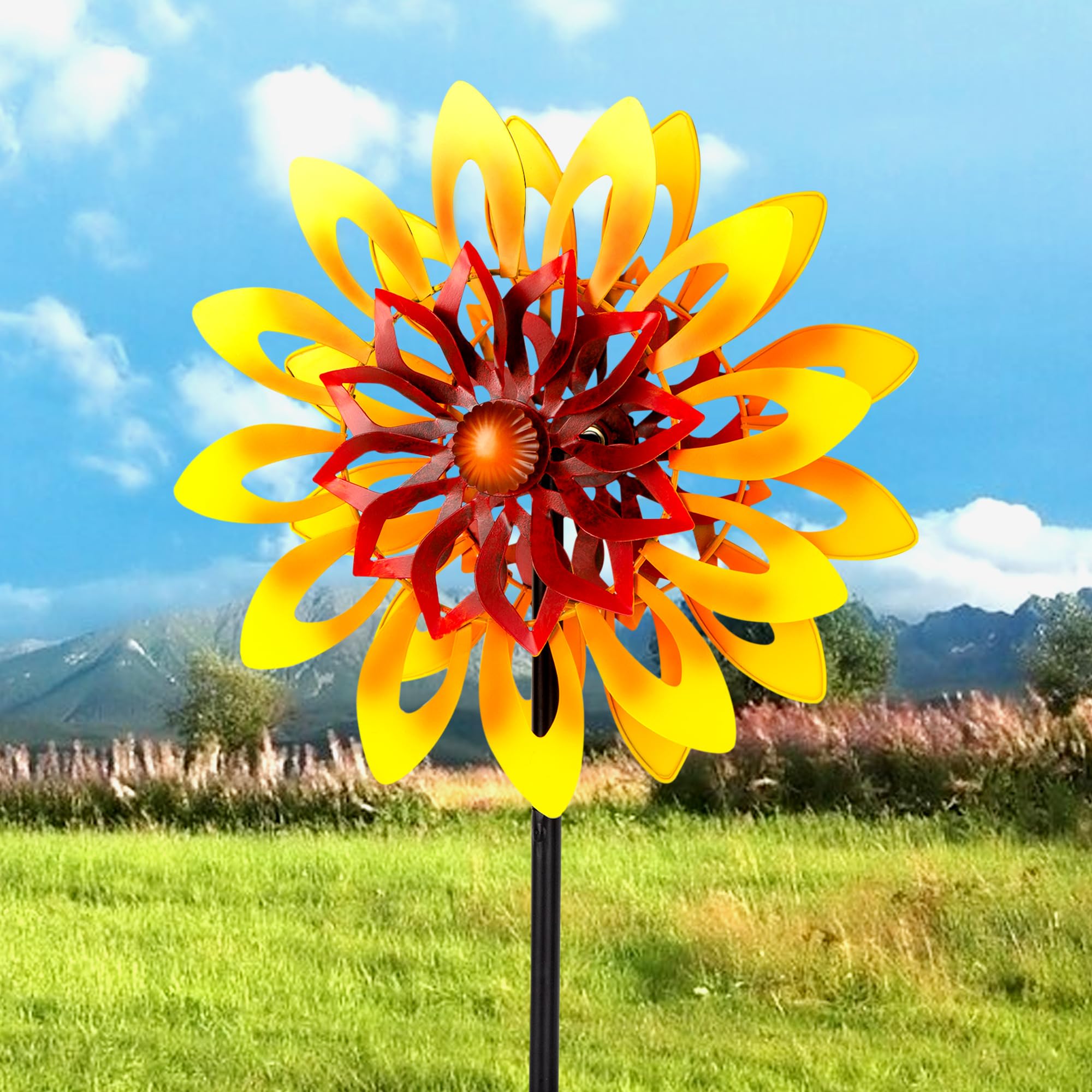 Photo 1 of Sunflower Wind Spinners, 360 Degrees Swivel Metal Wind Sculptures, 62" Garden Pinwheels for Yard Lawn Patio Decor