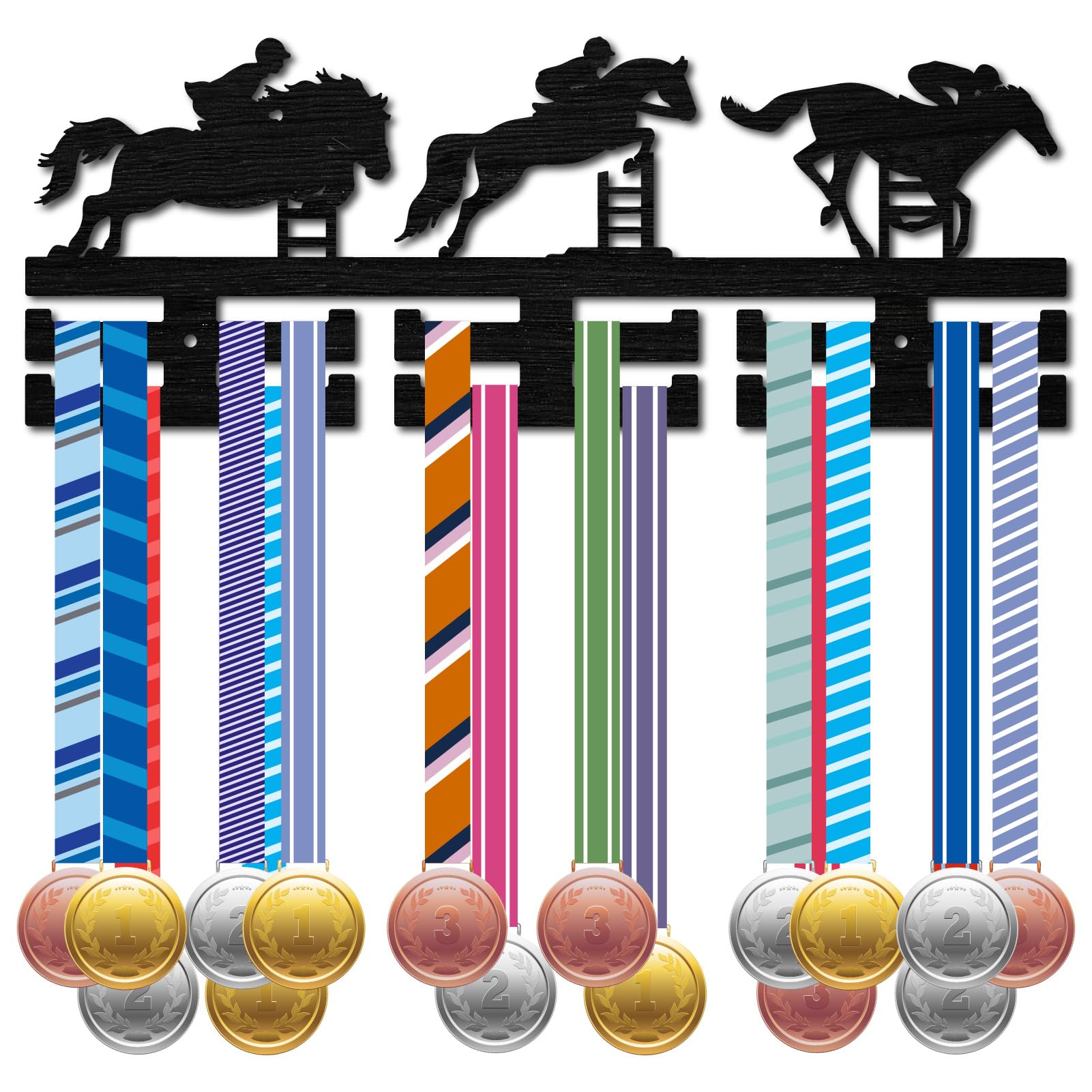 CREATCABIN Equestrian Medal Hanger Display Sports Medal Holder Horsemanship Horse Race Awards Ribbons Organizer Black Wood Mount Decor Rack Frame for Wall Hanging Players Athletes 15.7x5.9Inch