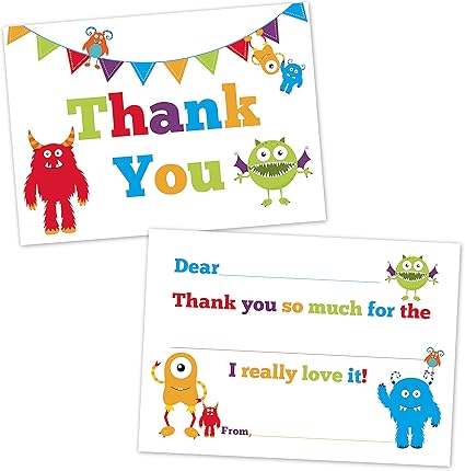 Amazon Com Cute Monster Fill In Thank You Cards For Kids 20 Count With Envelopes Monster Party Supplies Health Personal Care