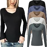 FMNNNN 5 Pack Long Sleeve Shirts for Women V Neck Fall Winter T Shirt Undershirt Fitted Thermal Casual Basic Tops 2026