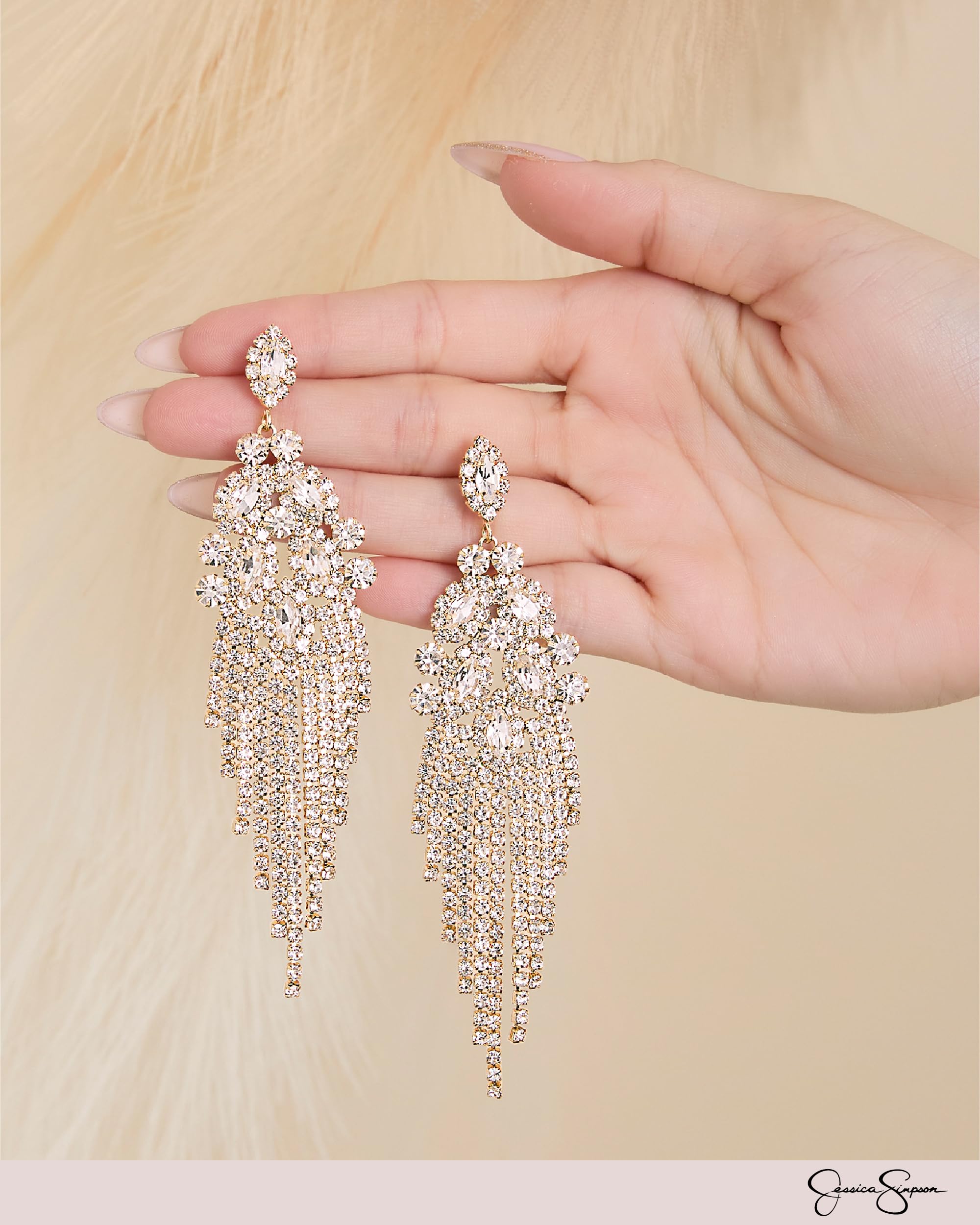 Jessica Simpson Clear Crystal Dangle Earrings for Women, Gold-Tone Valentines Earrings with Rhinestone Fringe