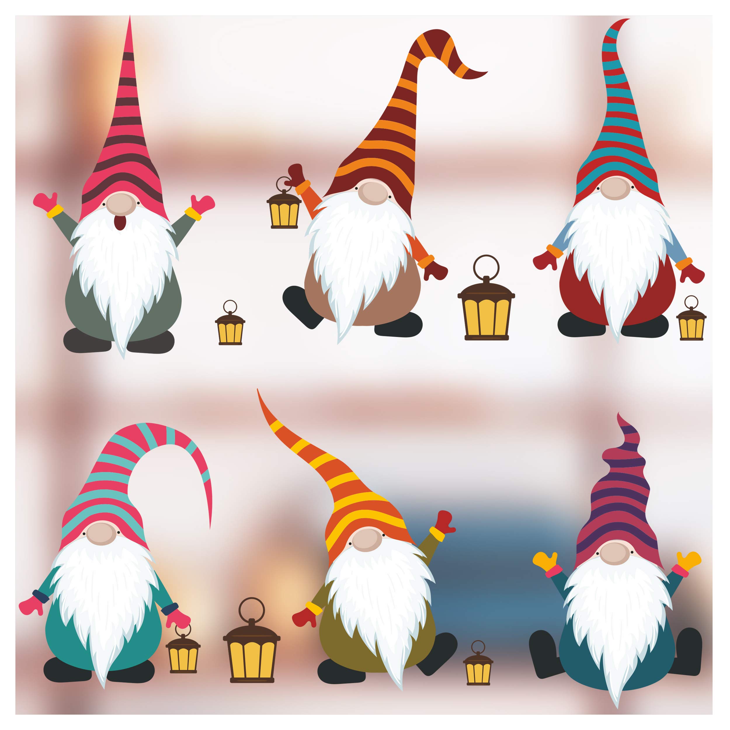 6 x Large Christmas Window Stickers Display - Christmas Window Decorations - 6 Colourful Scandinavian Christmas Gnomes Glass Clings - Reusable Sticker for Windows and Door