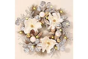 ARTFLOWER Christmas Wreath - Christmas Wreaths for Front Door, 18" Christmas Door Wreath with Magnolia Flowers Champagne Gold Christmas Balls for Home Wall Window Indoor Outdoor Decorations