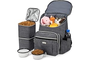 BAGLHER Travel Dog Backpack - Detachable Travel Dog Food Container for Pet Supplies Dog Gear Backpack,Dog Bag for Traveling with 2 Silicone Collapsible Bowls and 2 Food Baskets Grey