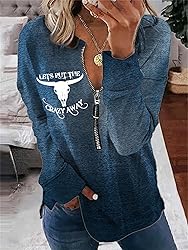TIAFORD Women's Half Zip Cow Print Sweatshirt Long