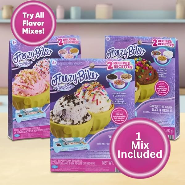 FREEZY BAKE ICE CREAM MAKER DELUXE SET FOR KIDS, 8 PIECE SET WITH 1 ICE CREAM MIX, AGES 8+