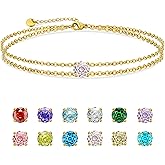 Rose Cut Diamond Womens Birthstone Bracelet Waterproof– 14K Gold Plated Dainty Stainless steel Double Chain Adjustable Bracelet – Minimalist Jewelry Gift for Birthday, Anniversary, Graduation