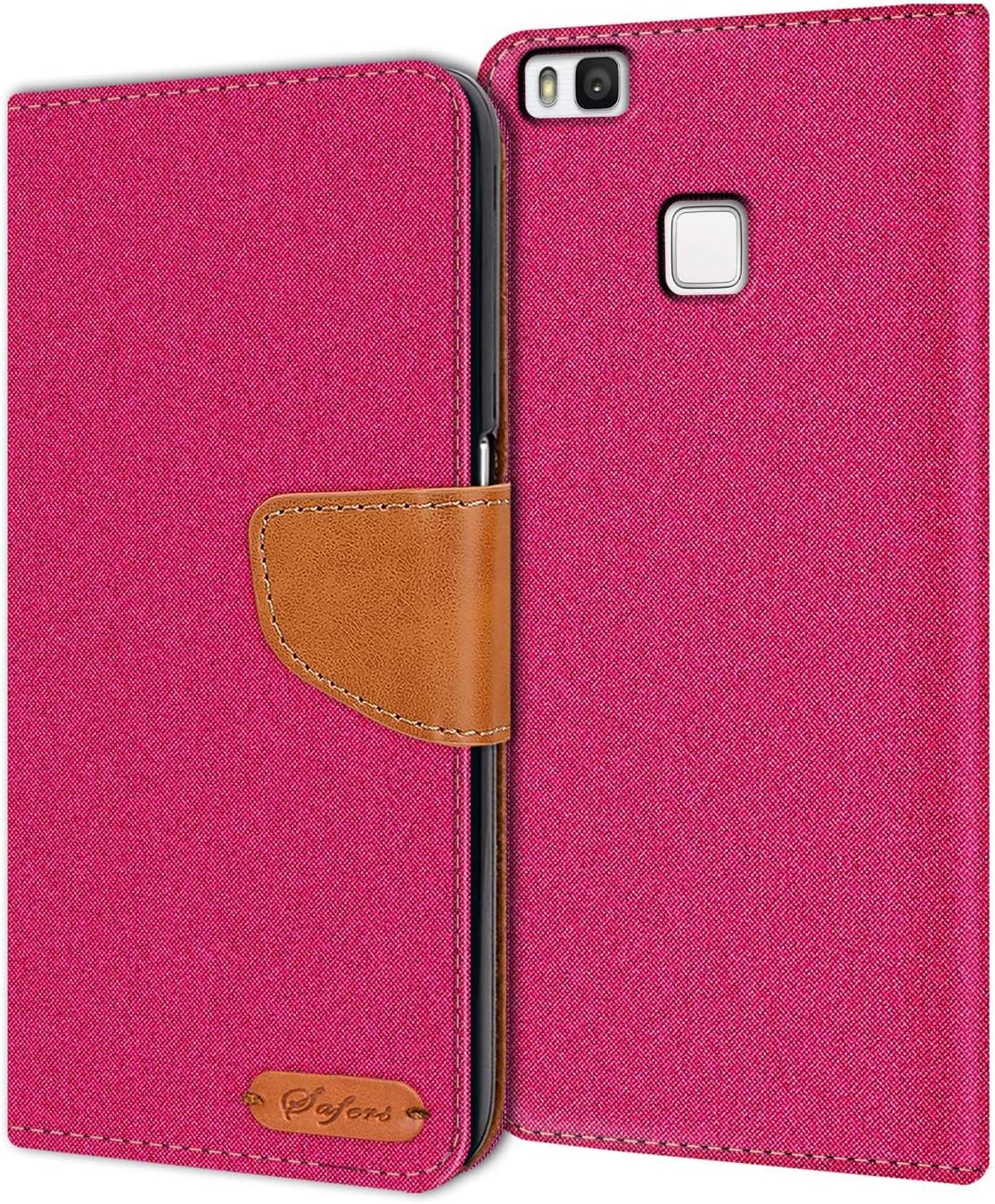 Verco Phone Wallet Case compatible with the Huawei P9 Lite, Canvas Faux Leather Book Cover for the P9 Lite Flip Case Bag Hinged - Pink