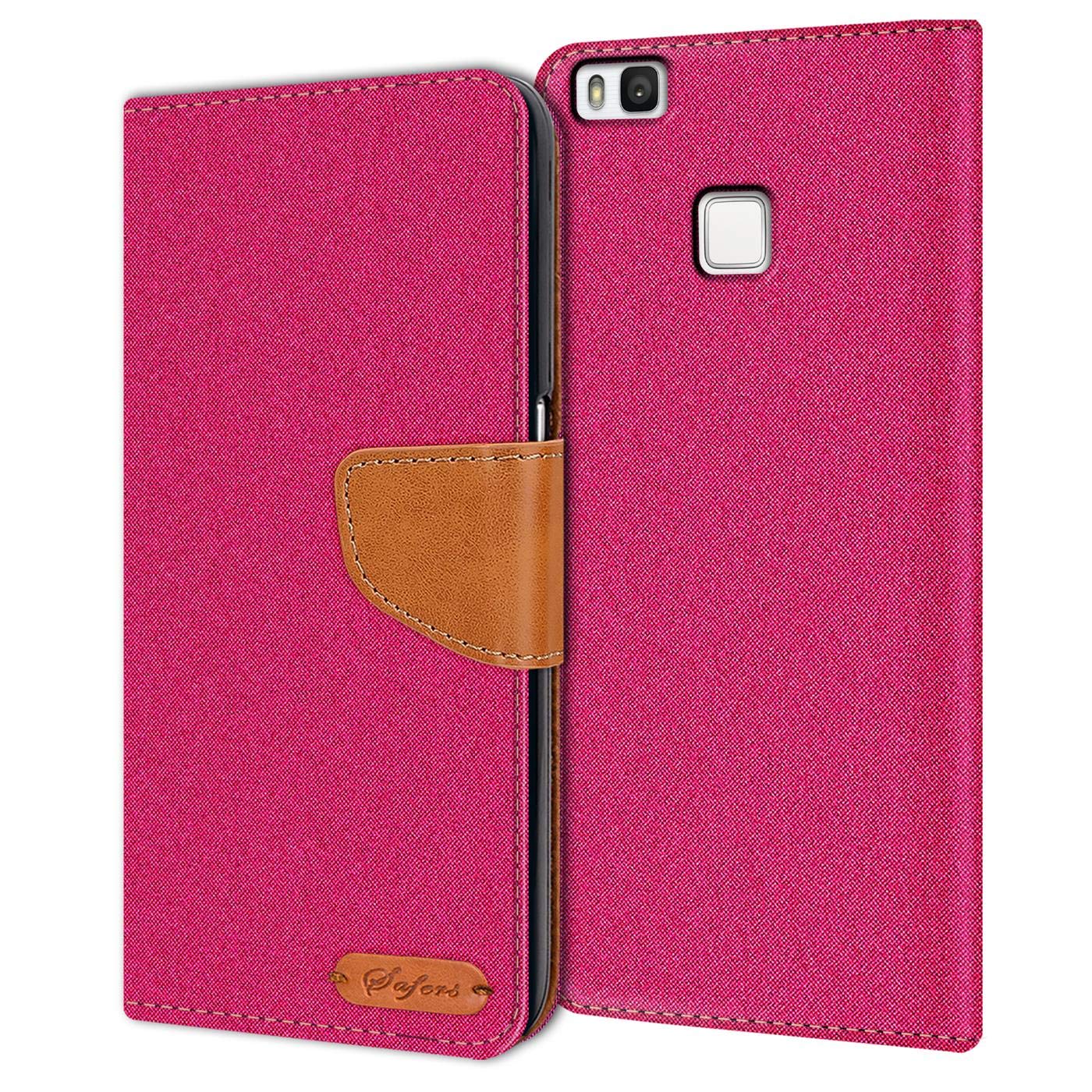 Verco Phone Wallet Case compatible with the Huawei P9 Lite, Canvas Faux Leather Book Cover for the P9 Lite Flip Case Bag Hinged - Pink
