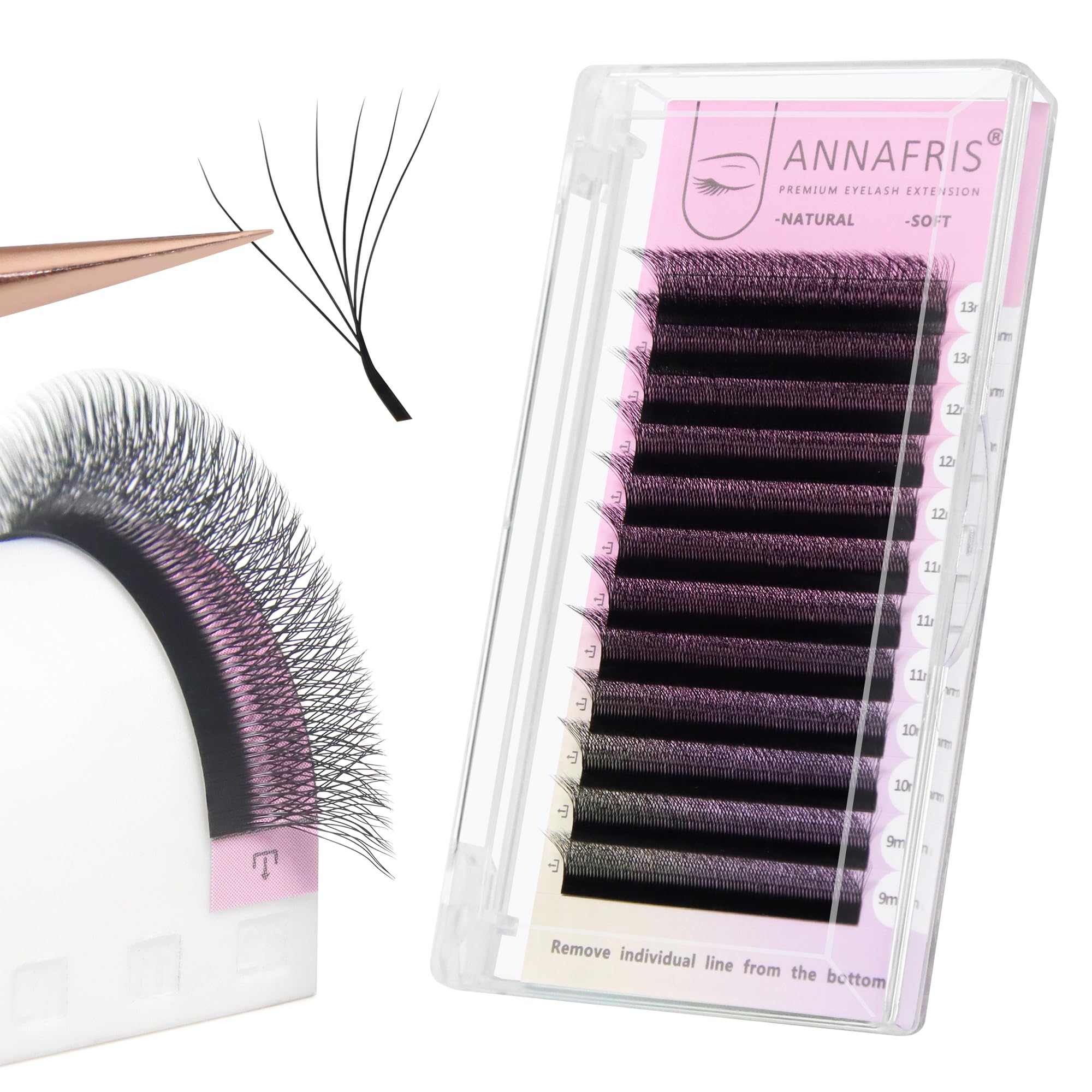 ANNAFRIS 6D W Lash Extension Premade Fan Lashes 0.07 L 9-13mm Mix Russian Volume Eyelashes Pre Made 6D W Lash Matte Black False Lashes(9-13mm, 0.07 L)