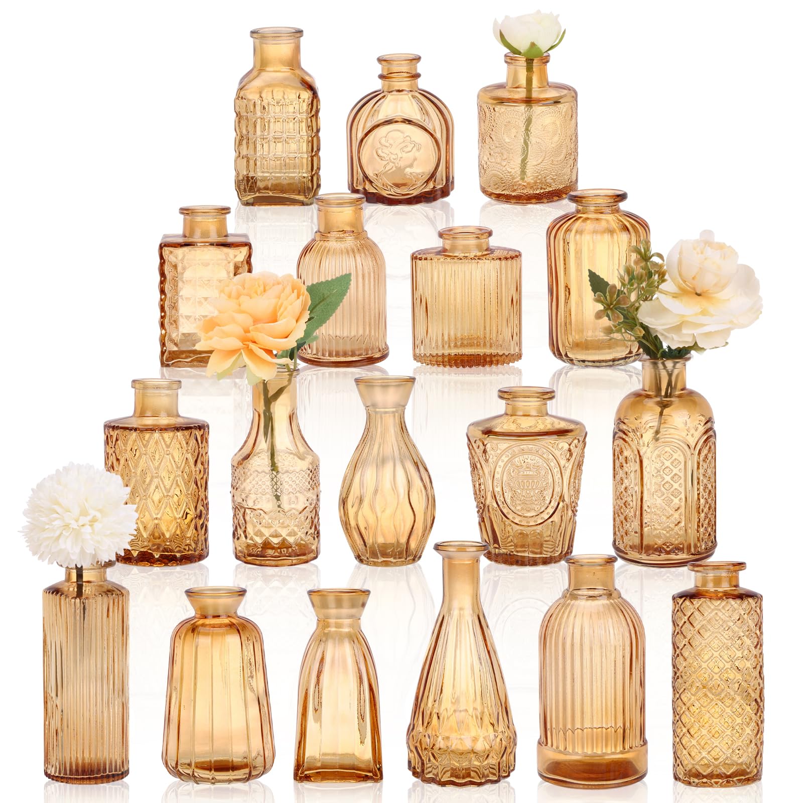 18pcs Amber Glass Bud Vase Set, Gold Small Flower Vases for Centerpieces in Bulk, Mini Vintage Vase for Home, Wedding, Table Decor