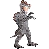 Dinosaur Toddler Spinosaurus Costume - Gray Jurassic Dino Halloween Outfit w/Jumpsuit, Mitts, Hood, & Shoe Covers