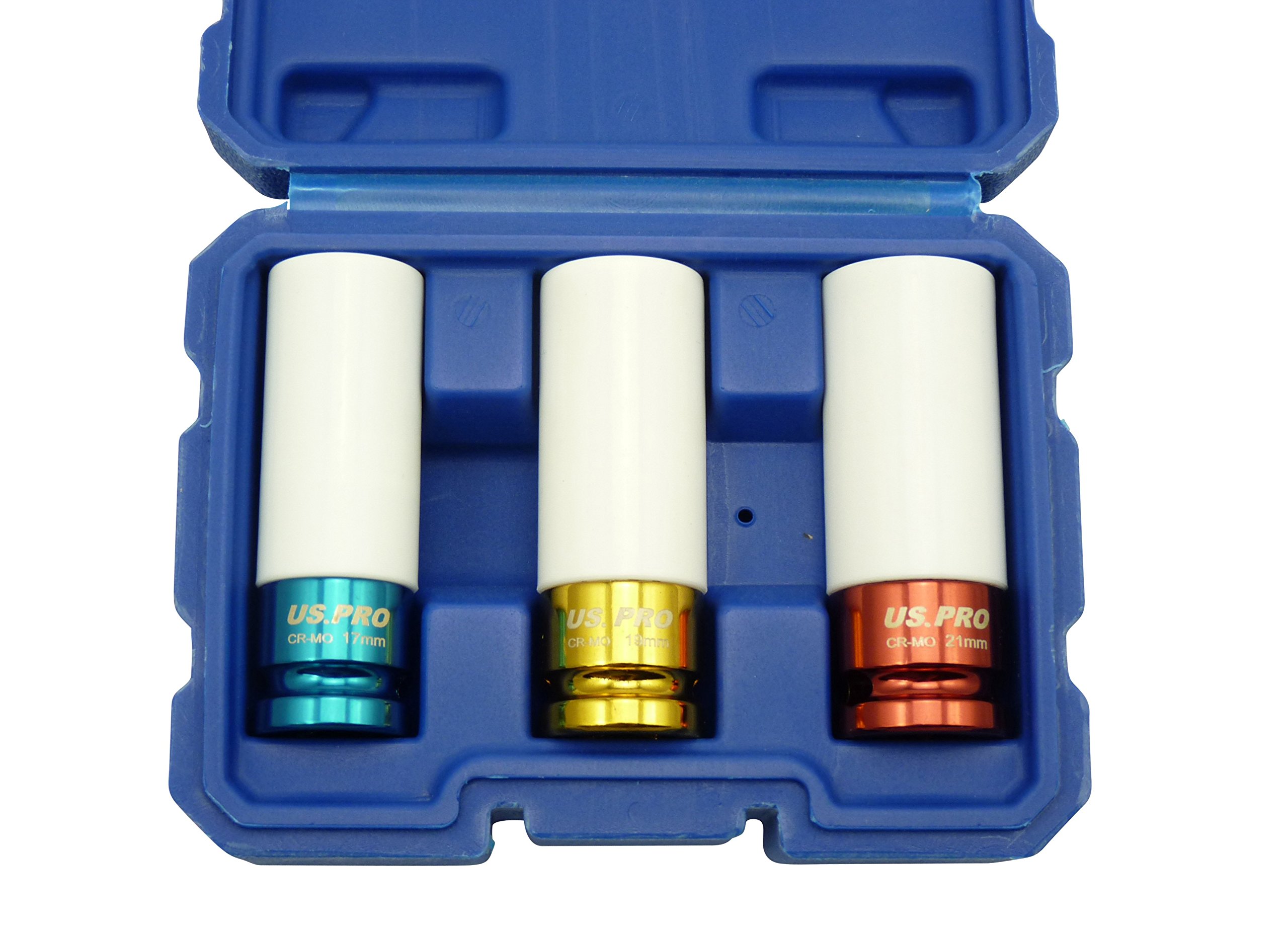 US PRO Alloy Wheel NUT DEEP Impact Socket Set 1/2"dr 17mm 19mm 21mm Sleeve 1596