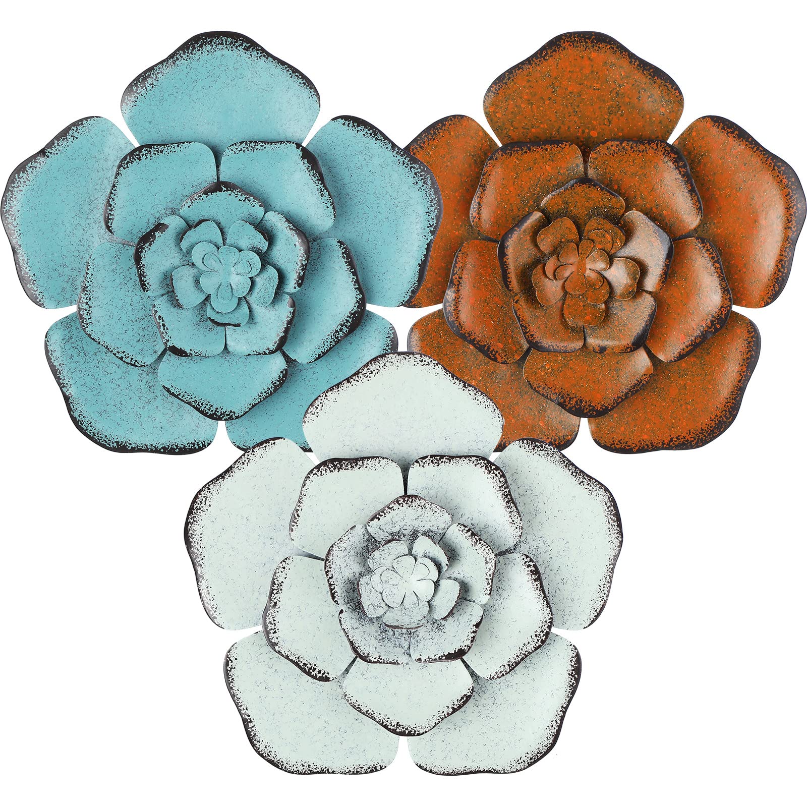 Photo 1 of Chuangdi 3 Pieces Large Wall Metal Flowers Multiple Layer Home Decoration for Indoor Outdoor Home Garden Office Living Room Garden Porch Patio (Colorful,8 Inch)