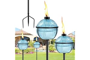 FALBAWR Citronella Torches Set of 4, 16 oz Blue Glass Garden Torches for Outside, 3-Prong Grounded Stake Outdoor Torches, 58.6 inch Outside Torch for Yard, Patio, Deck, Party