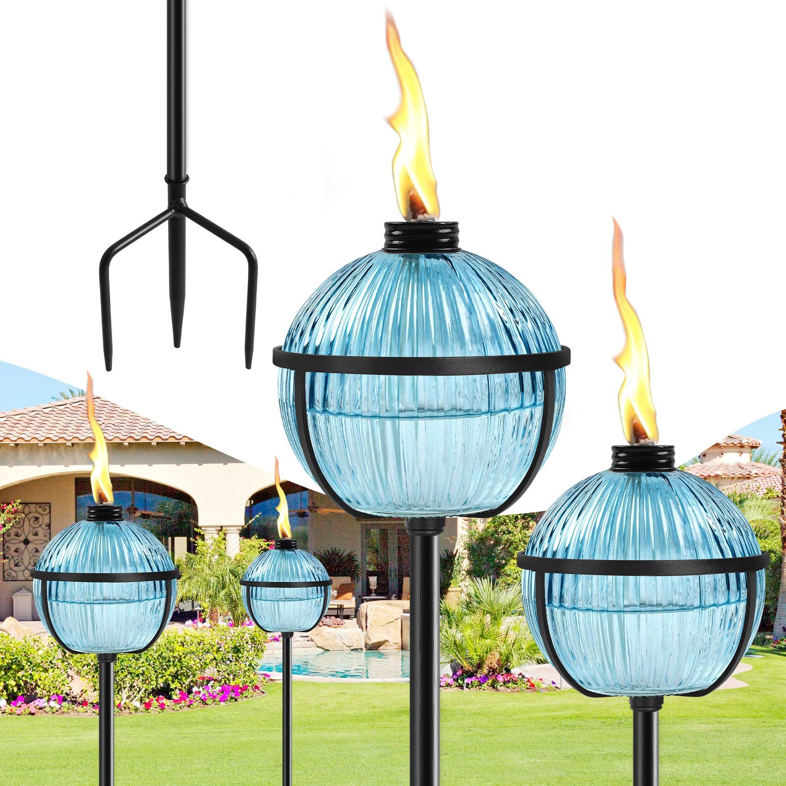 Photo 1 of FALBAWR Citronella Torches Set of 4, 16 oz Blue Glass Garden Torches for Outside, 3-Prong Grounded Stake Outdoor Torches, 58.6 inch Outside Torch for Yard, Patio, Deck, Party