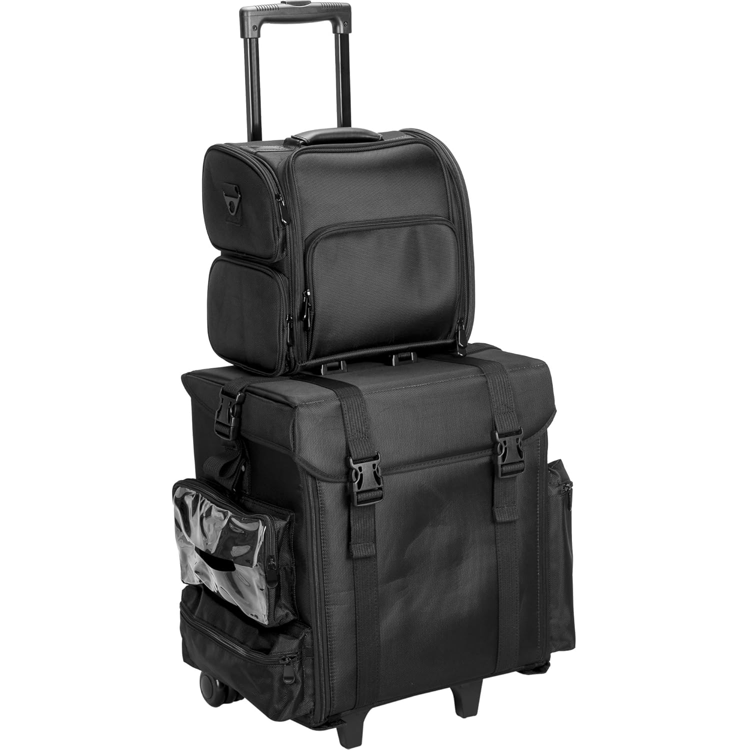 Sunrise Solferino 2-In-1 Soft-sided Rolling Makeup Case Professional Nail Travel Wheel Organizer, Black Canvas, 16 Pound