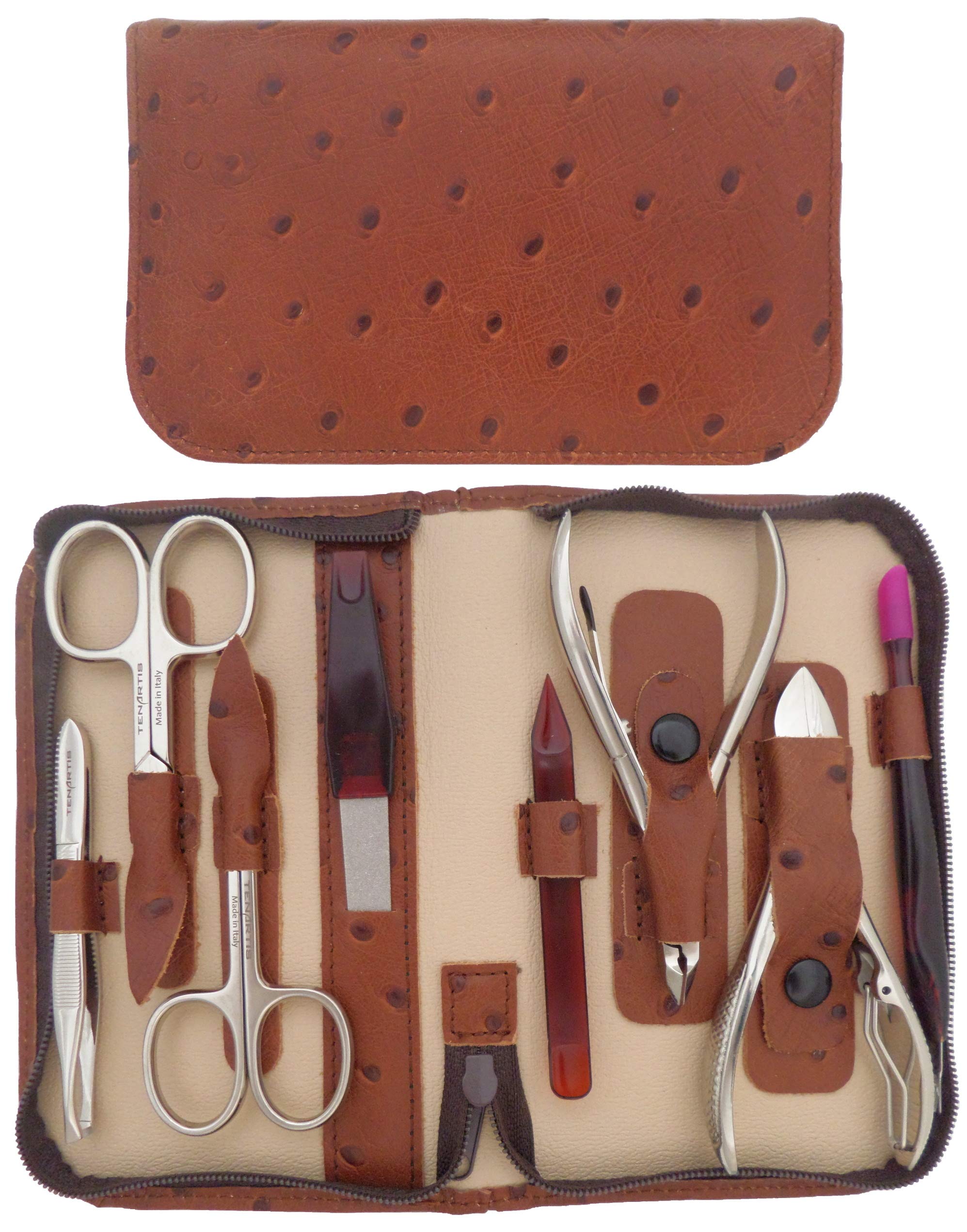8-Piece Brown Genuine Leather Professional Manicure and Pedicure Set with Zipper - Tenartis 366 Made in Italy (Brown)
