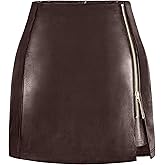 FLUFFY SENSE. Women's Leather Mini Skirt Stretchy High Waisted Zipper Slit Faux Pleather Bodycon Short Pencil Skirt