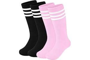 Hryrbay 2 Pairs Kids Soccer Socks Toddler Girls Knee High Socks Uniform Sock Three Stripes for Boys Girls