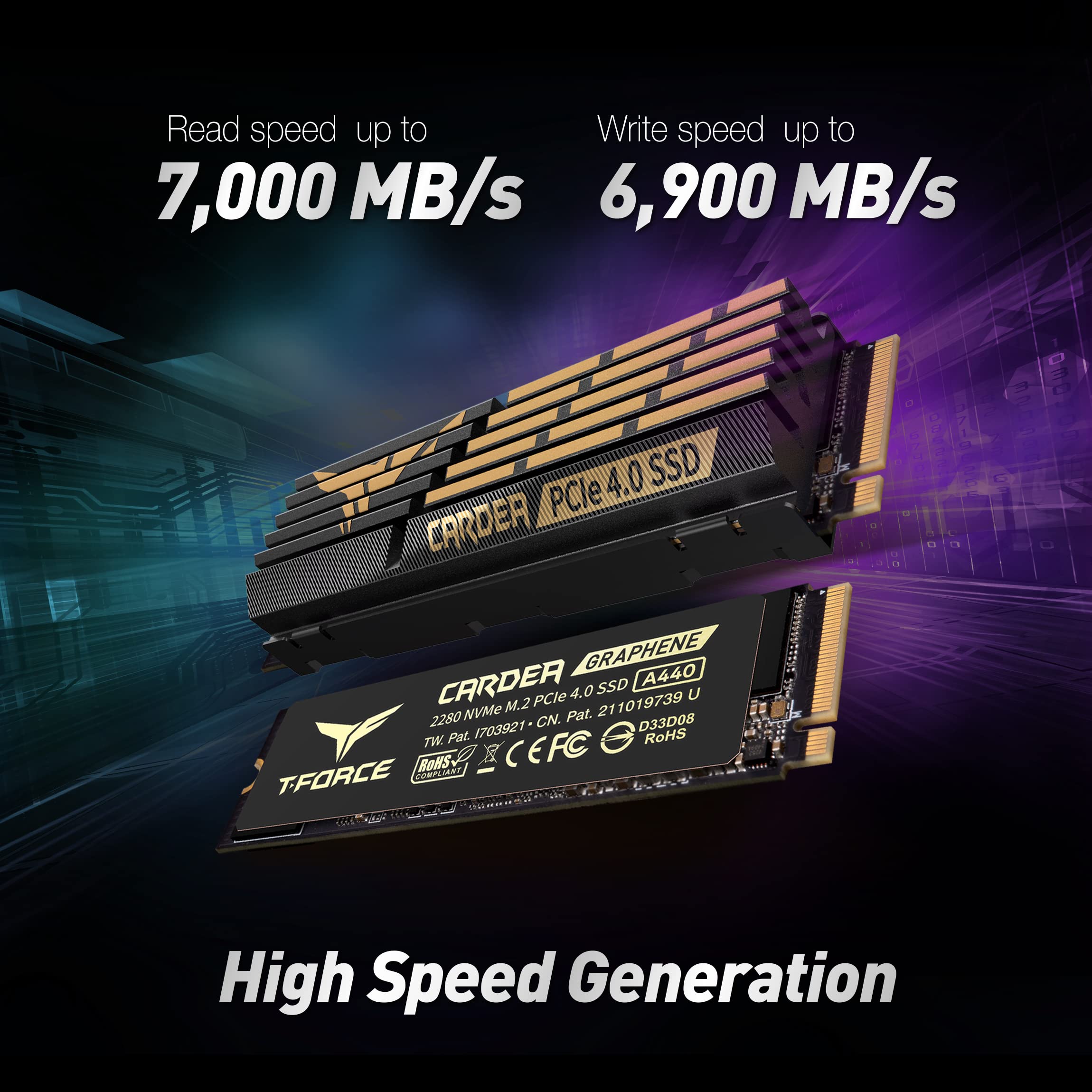 TEAMGROUP T-FORCE A440 Aluminum Heatsink 2TB DRAM SLC Cache 3D NAND TLC NVMe PCIe Gen4x4 M.2 2280 Internal SSD R/W 7000/6900 MB/s TM8FPZ002T0C327