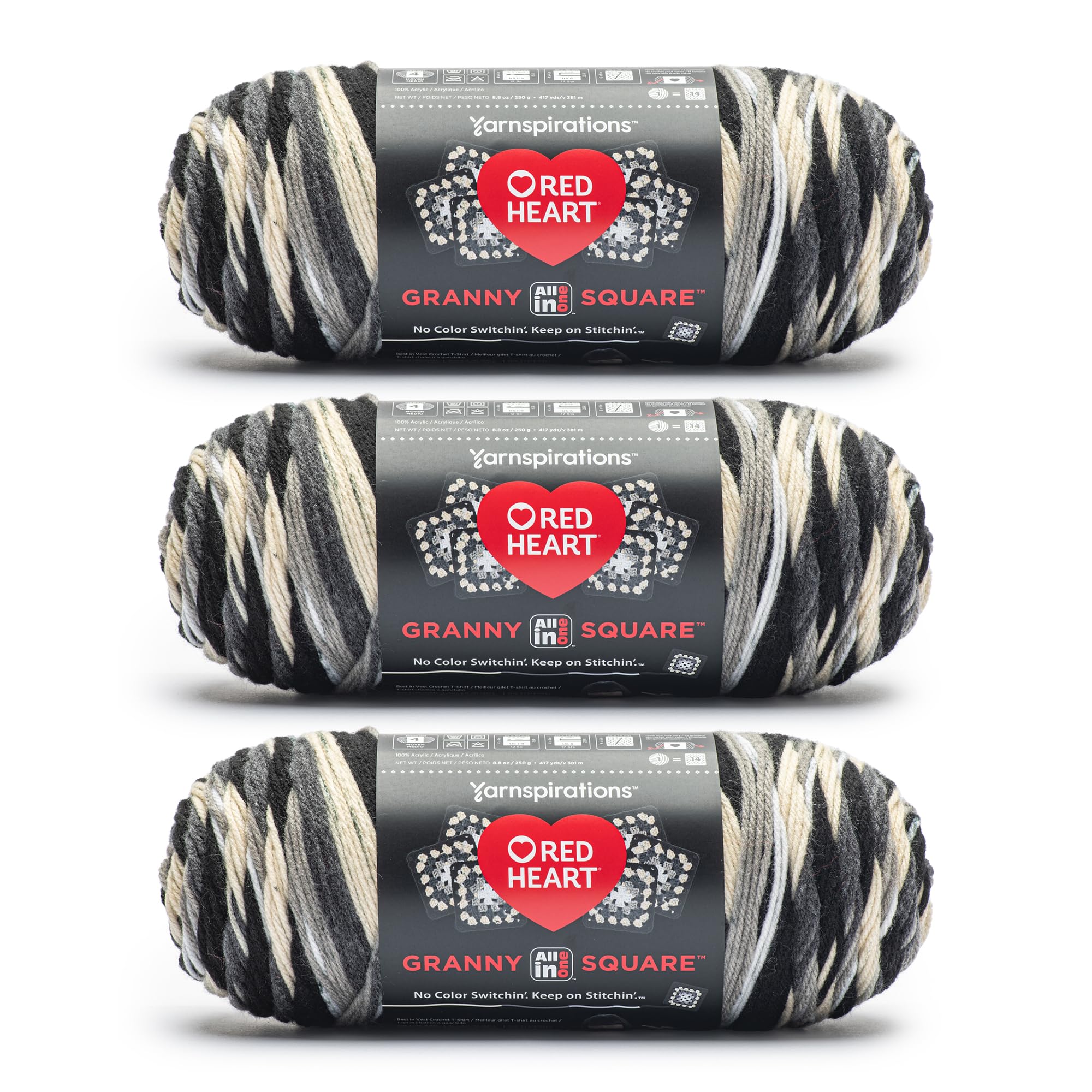 Red Heart All in One Granny Square Black - Dove Yarn - 3 Pack of 250g/8.8oz - 100% Acrylic - #4 Worsted (Medium) - 381m/417Yards - for Knitting, Crochet and Amigurumi