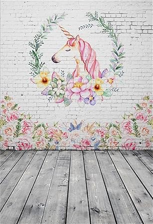 Amazon Com Laeacco Flowers Unicorn Backdrop 3x5ft Vinyl Floral Unicorn Painting Brick Wall Backdrop Retro Wooden Floor Photography Background Kids Baby Portrait Backdrop Newborn Baby Birthday Party Backdrop Camera Photo